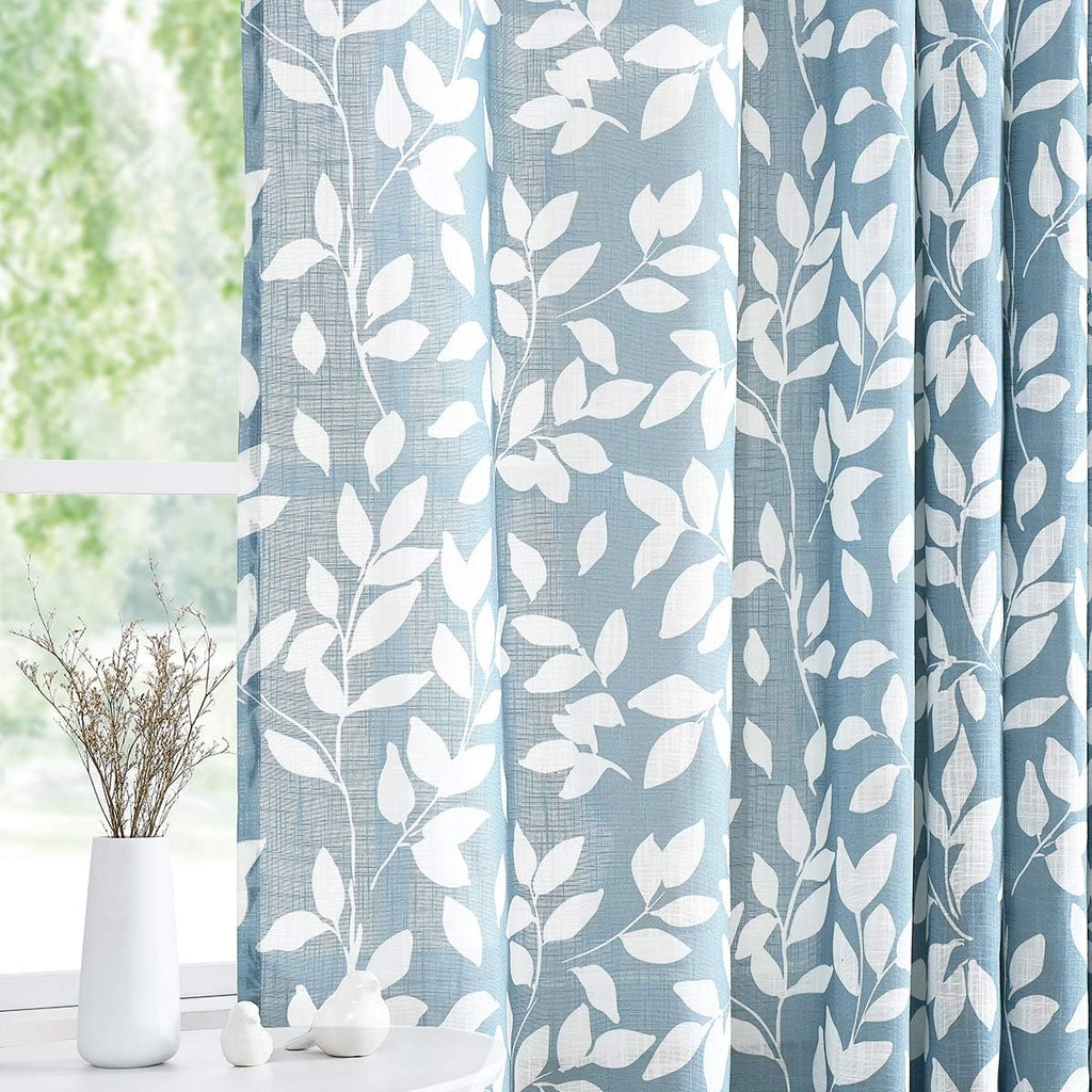 Blue White Leaf Linen Semi Sheer French Door Curtain 52×40in 1 Panel
