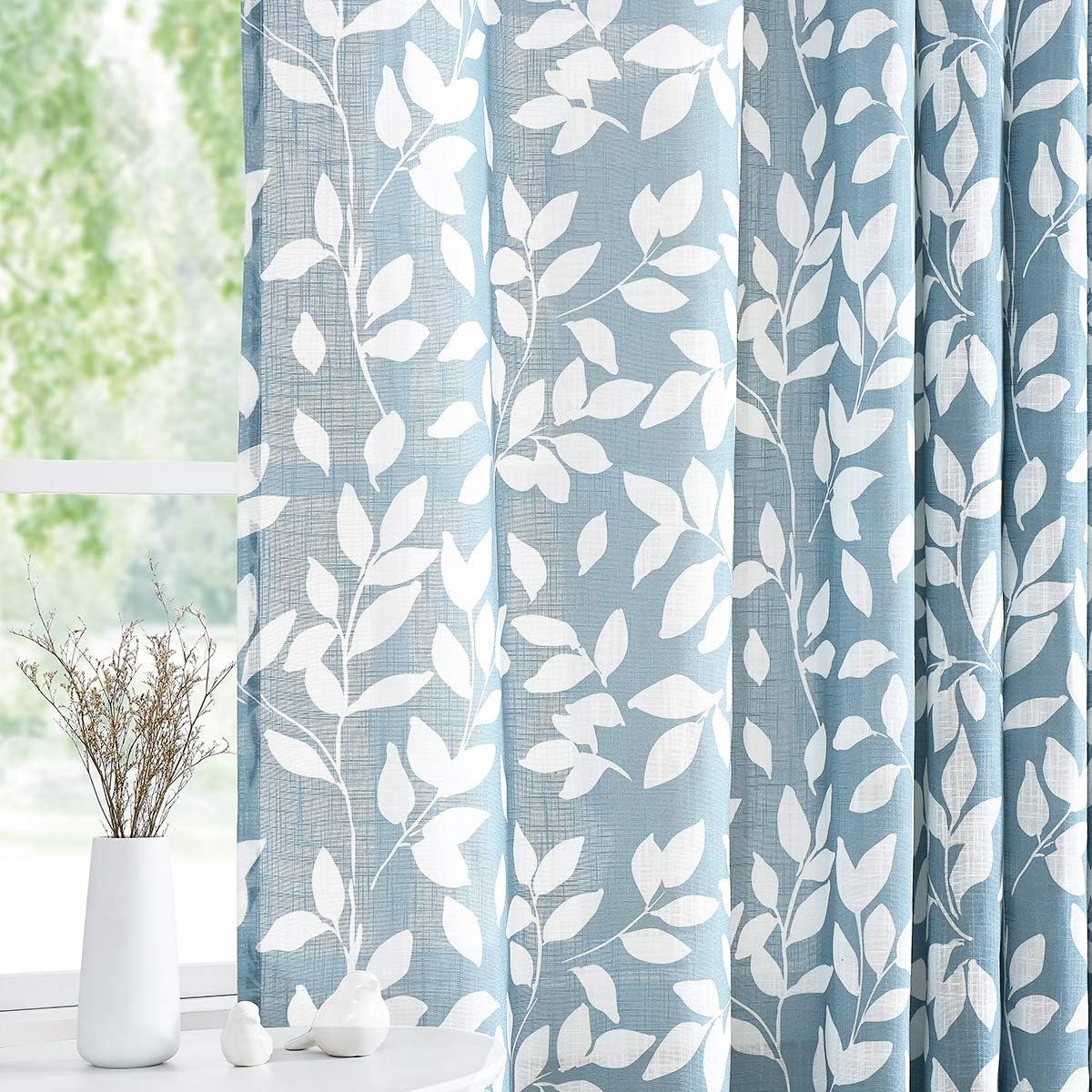 Blue White Leaf Linen Semi Sheer French Door Curtain 52×40in 1 Panel