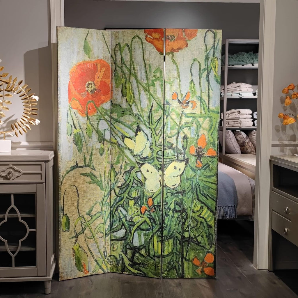 3-Panel Van Gogh Butterflies Poppies Canvas Wood Folding Room Divider 71in High
