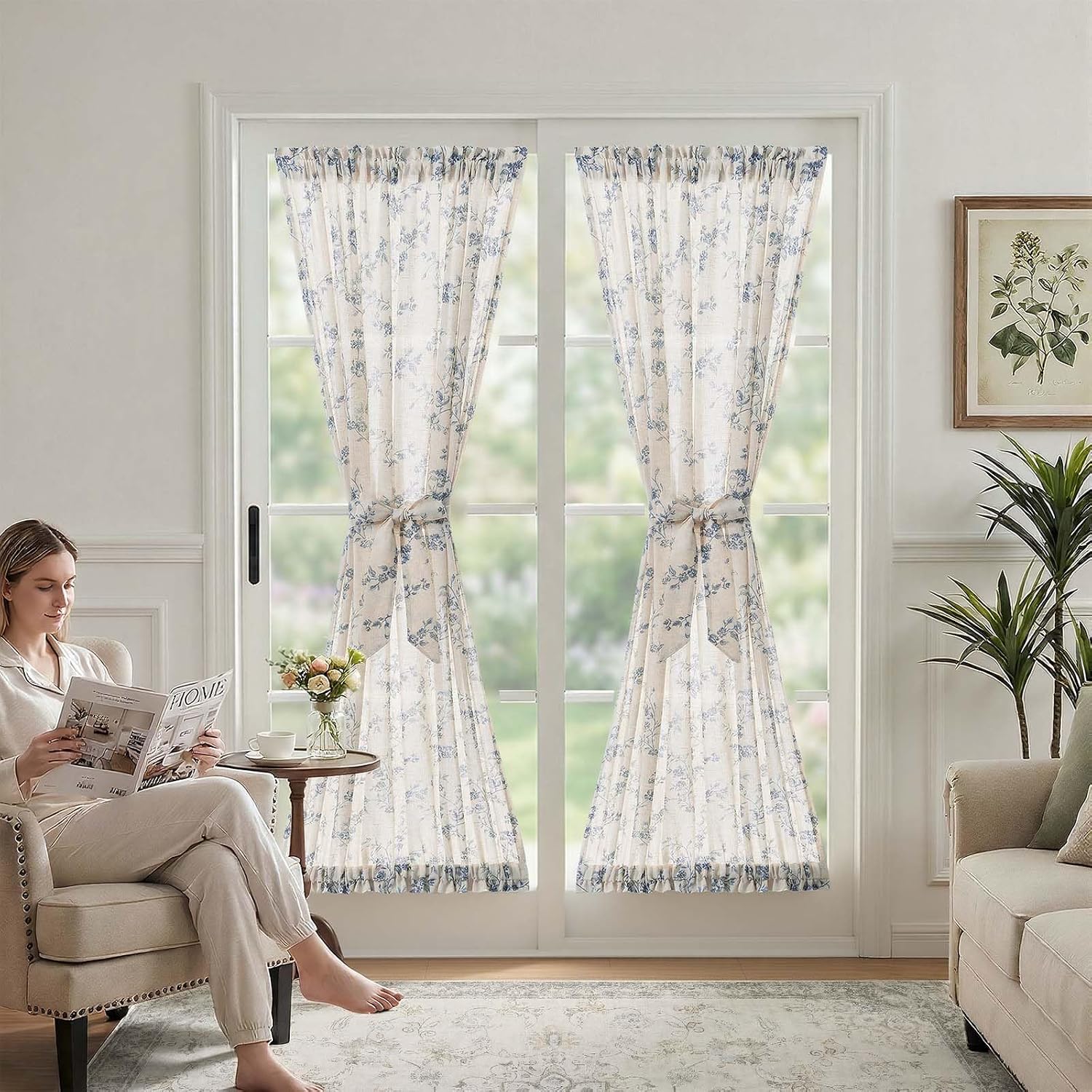 Blue Floral Linen French Door Curtain 72in Farmhouse Light Filtering Panel with Tie Bow