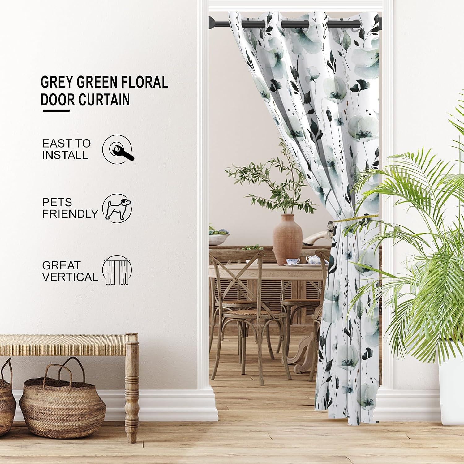 Grey Green Floral Blackout Door Curtain 34×80in Privacy Room Divider Drapes
