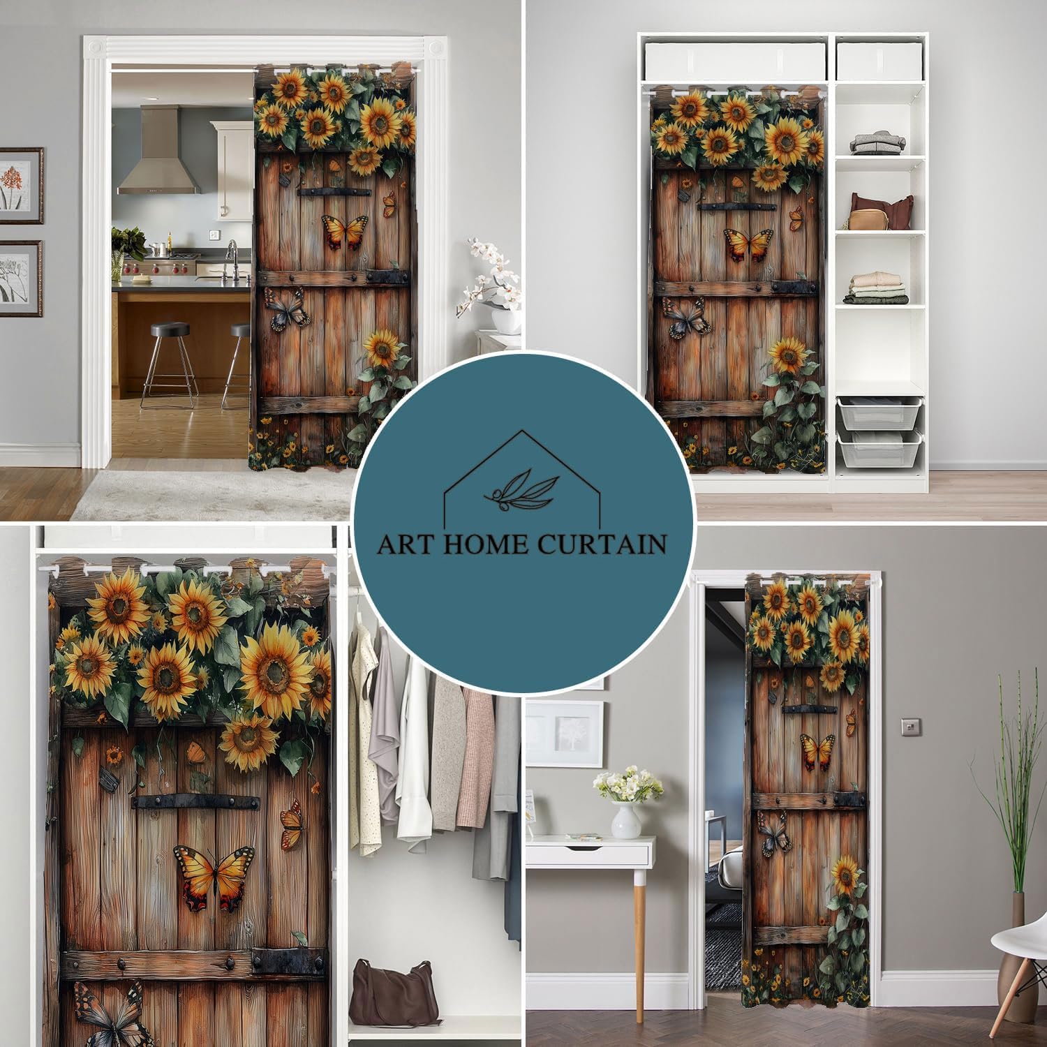 Sunflower Butterfly Barn Door Privacy Curtain 34×80in Room Divider 1 Panel