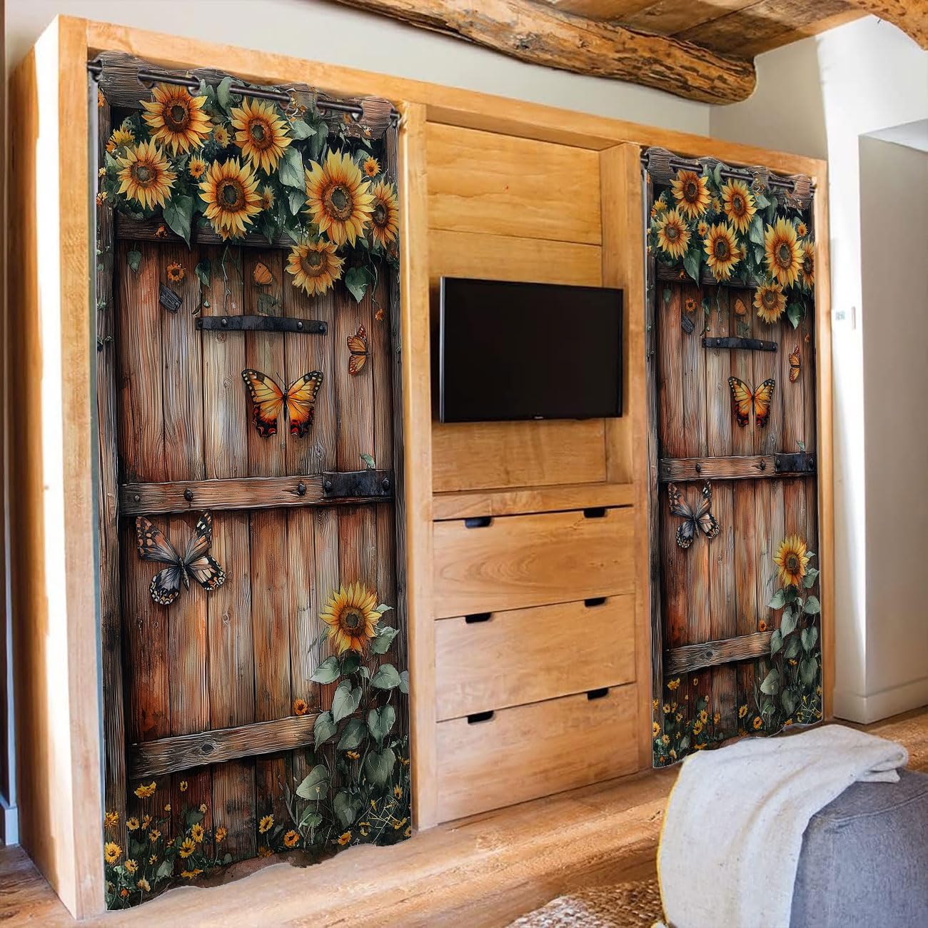 Sunflower Butterfly Barn Door Privacy Curtain 34×80in Room Divider 1 Panel