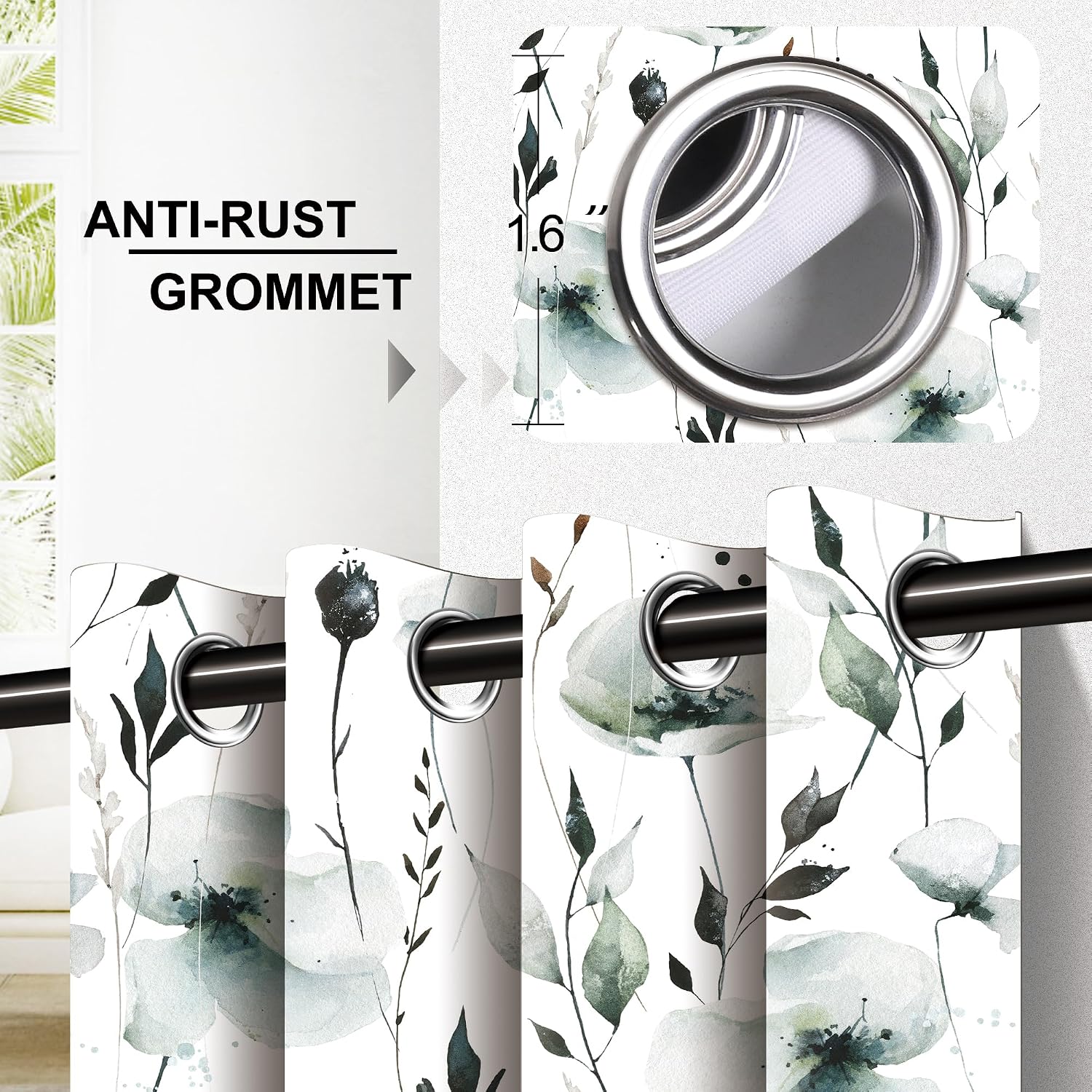 Grey Green Floral Blackout Door Curtain 34×80in Privacy Room Divider Drapes