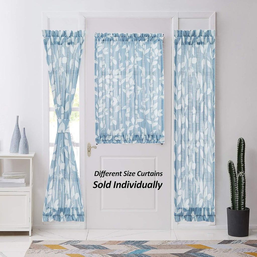 Blue White Leaf Linen Semi Sheer French Door Curtain 52×40in 1 Panel