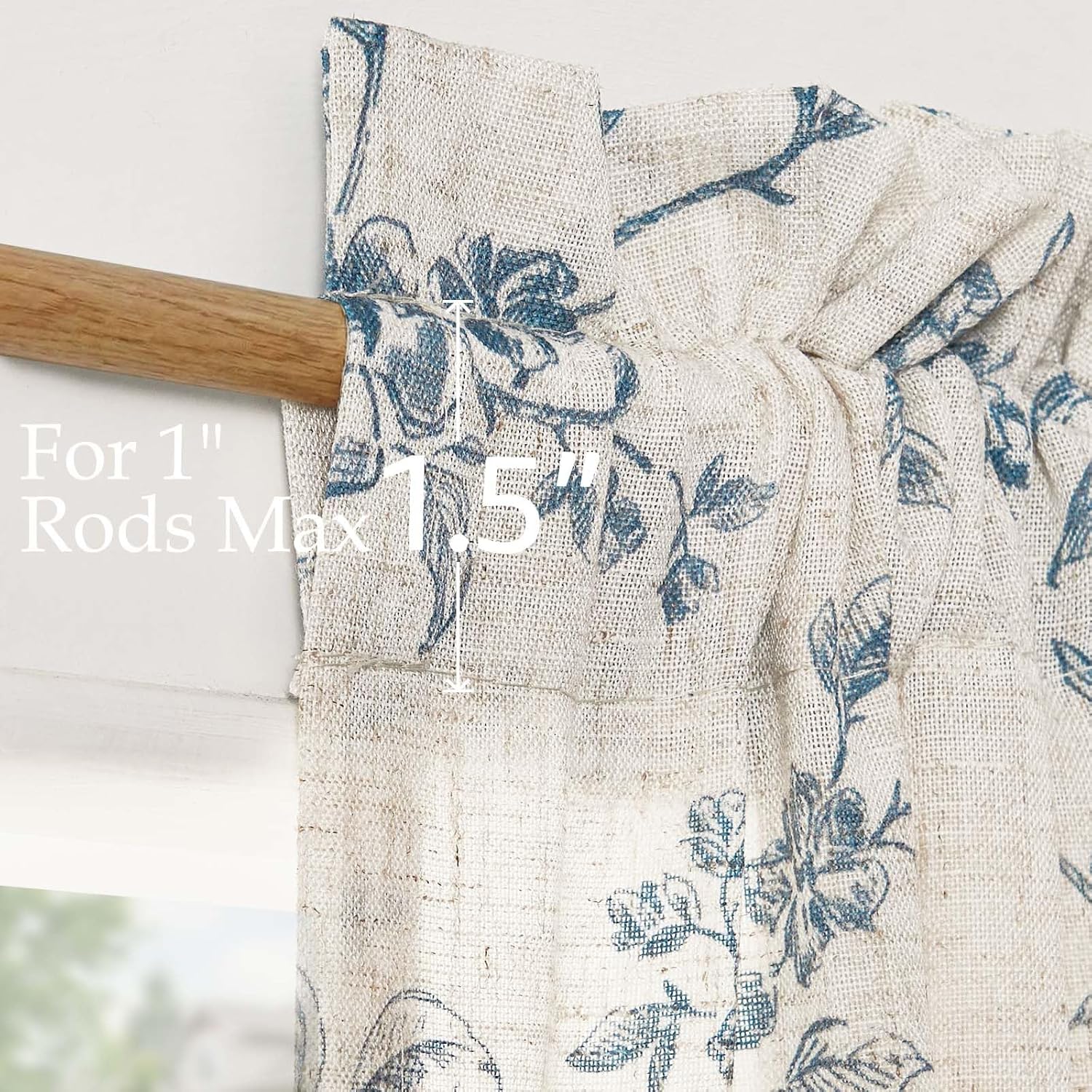 Blue Floral Linen French Door Curtain 72in Farmhouse Light Filtering Panel with Tie Bow