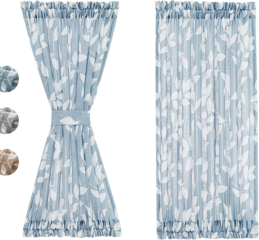 Blue White Leaf Linen Semi Sheer French Door Curtain 52×40in 1 Panel