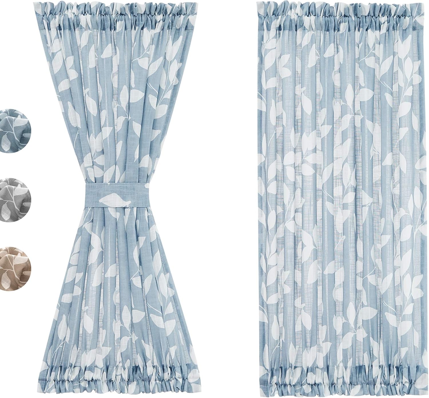 Blue White Leaf Linen Semi Sheer French Door Curtain 52×40in 1 Panel