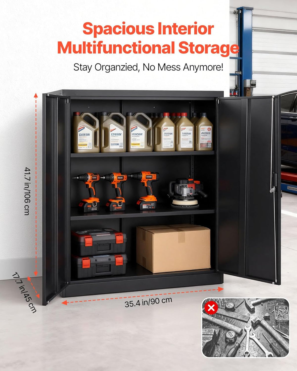 Black 41.7in Lockable Steel Storage Cabinet with Adjustable Shelves Magnetic Lock Doors for Garage Pantry Office
