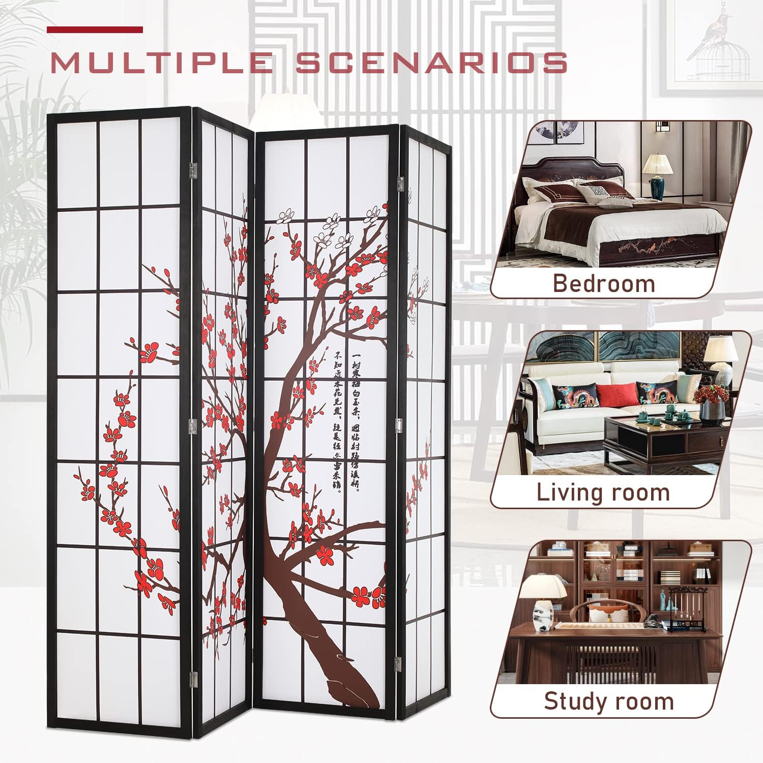 White 4 Panel 6FT Oriental Wood Shoji Folding Room Divider Screen