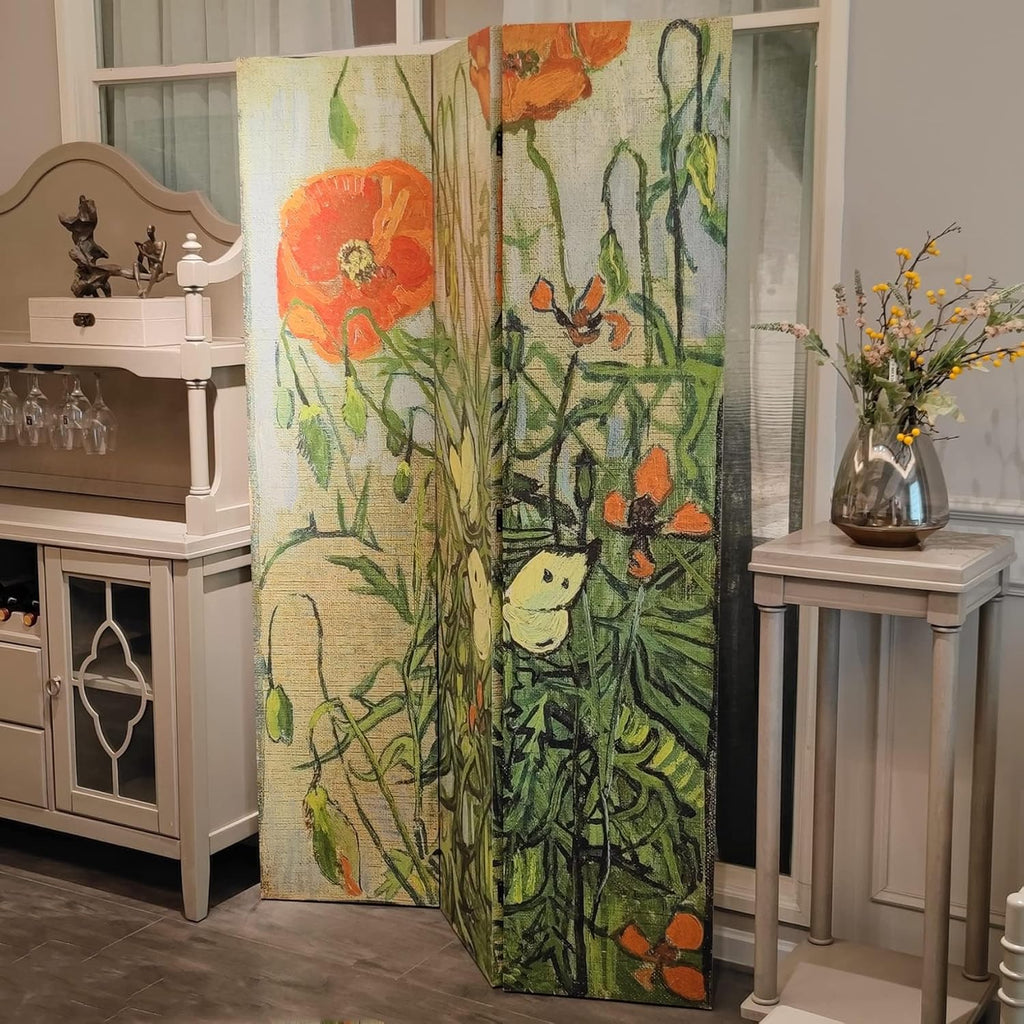 3-Panel Van Gogh Butterflies Poppies Canvas Wood Folding Room Divider 71in High