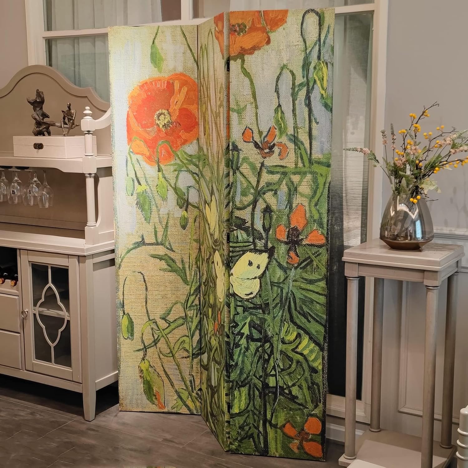 3-Panel Van Gogh Butterflies Poppies Canvas Wood Folding Room Divider 71in High