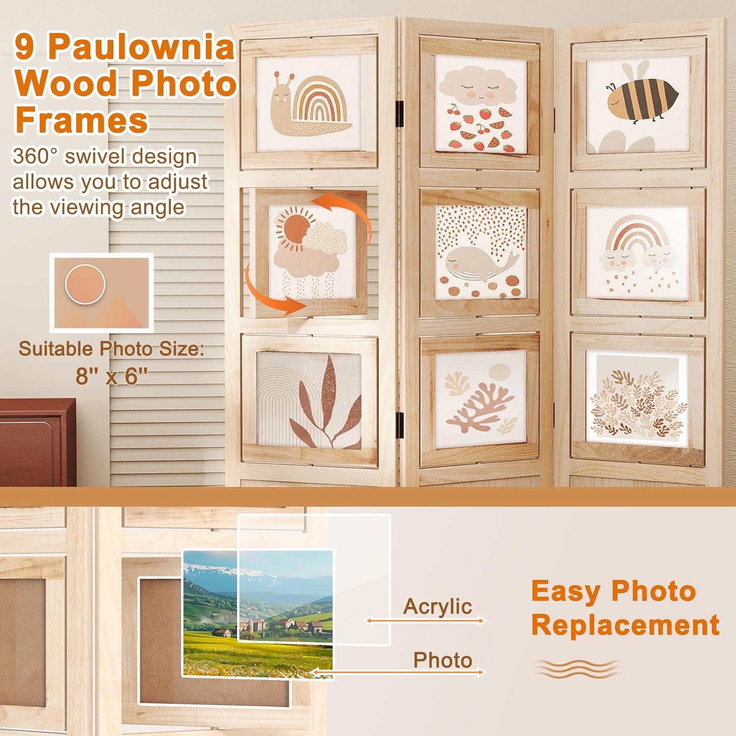 Natural Wood 3 Panel 67in Folding Room Divider with 9 Rotating Photo Frames
