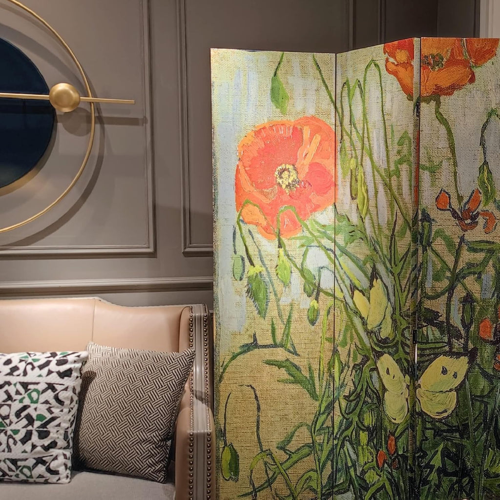 3-Panel Van Gogh Butterflies Poppies Canvas Wood Folding Room Divider 71in High