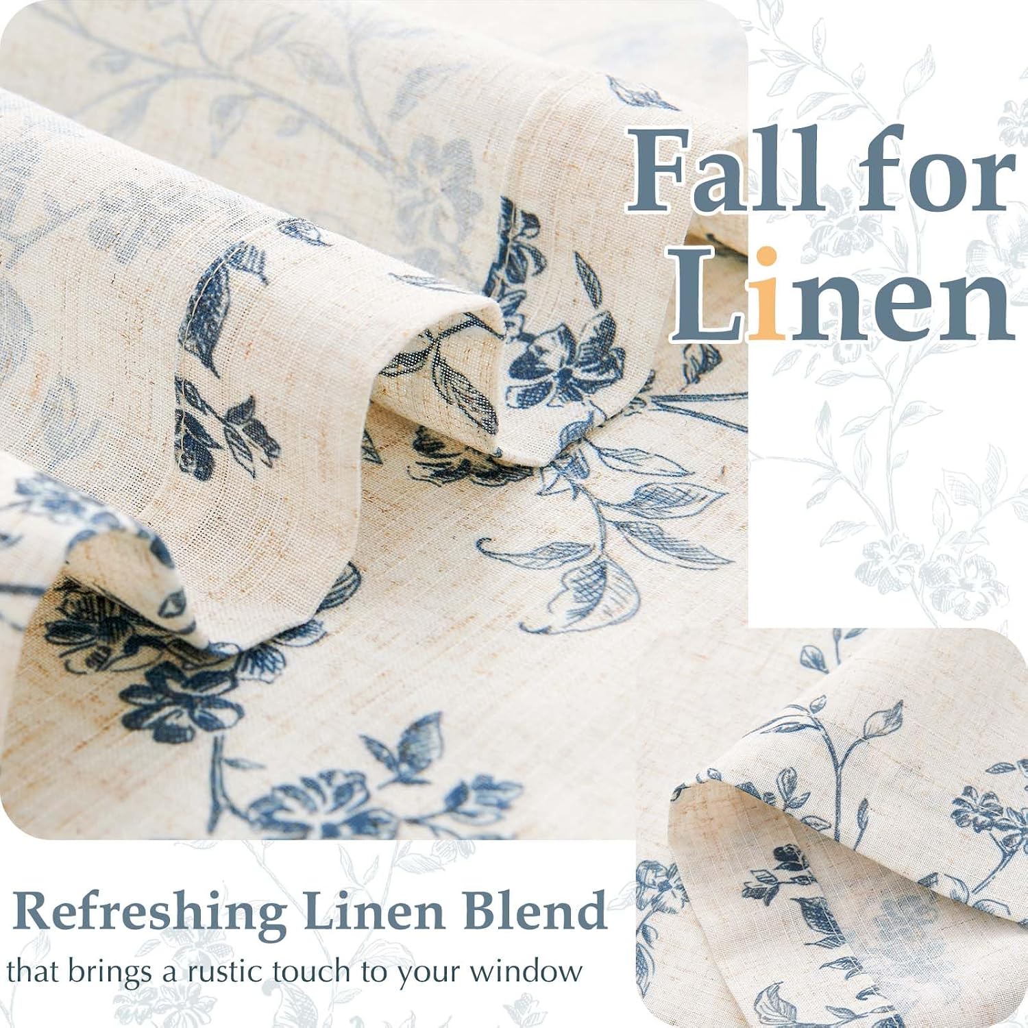 Blue Floral Linen French Door Curtain 72in Farmhouse Light Filtering Panel with Tie Bow
