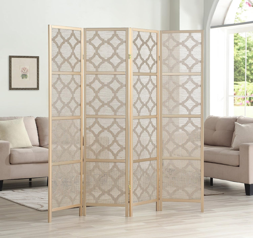 Roundhill Furniture Quarterfoil Infused Diamond Design 4-Panel Room Divider, Gold